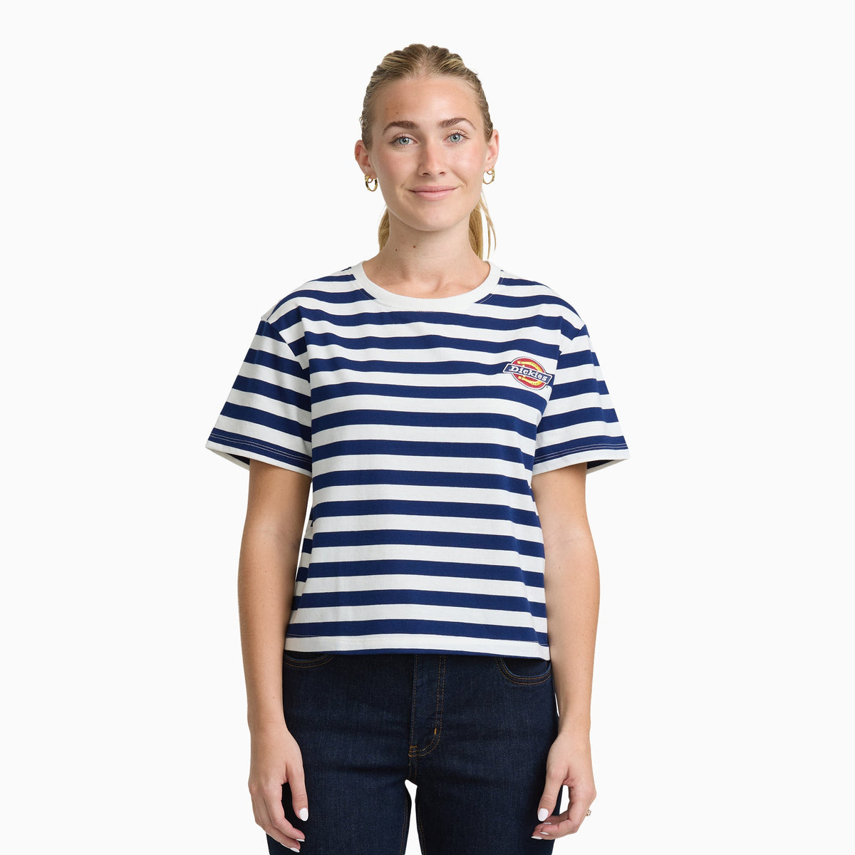 Junior's Short Sleeve Oversized Stripe Tee